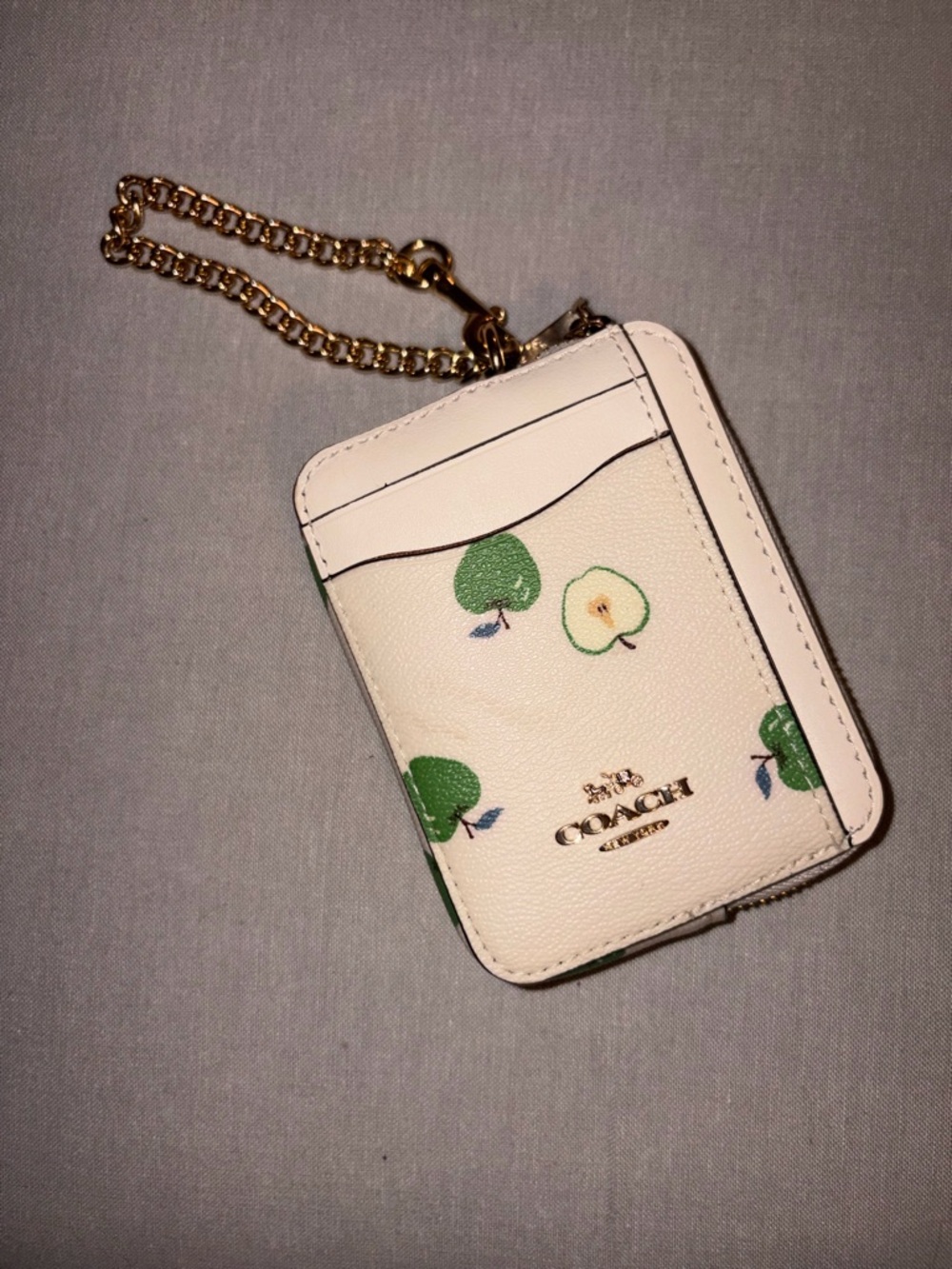 Coach Cream Card Case with Green Apple Print and Gold Chain